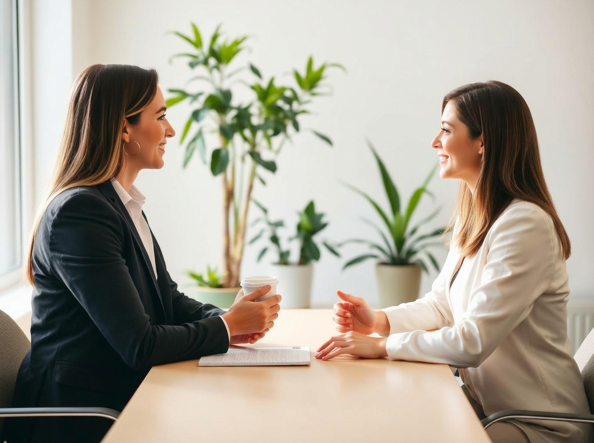Two people in a warm conversation across a bright office desk
