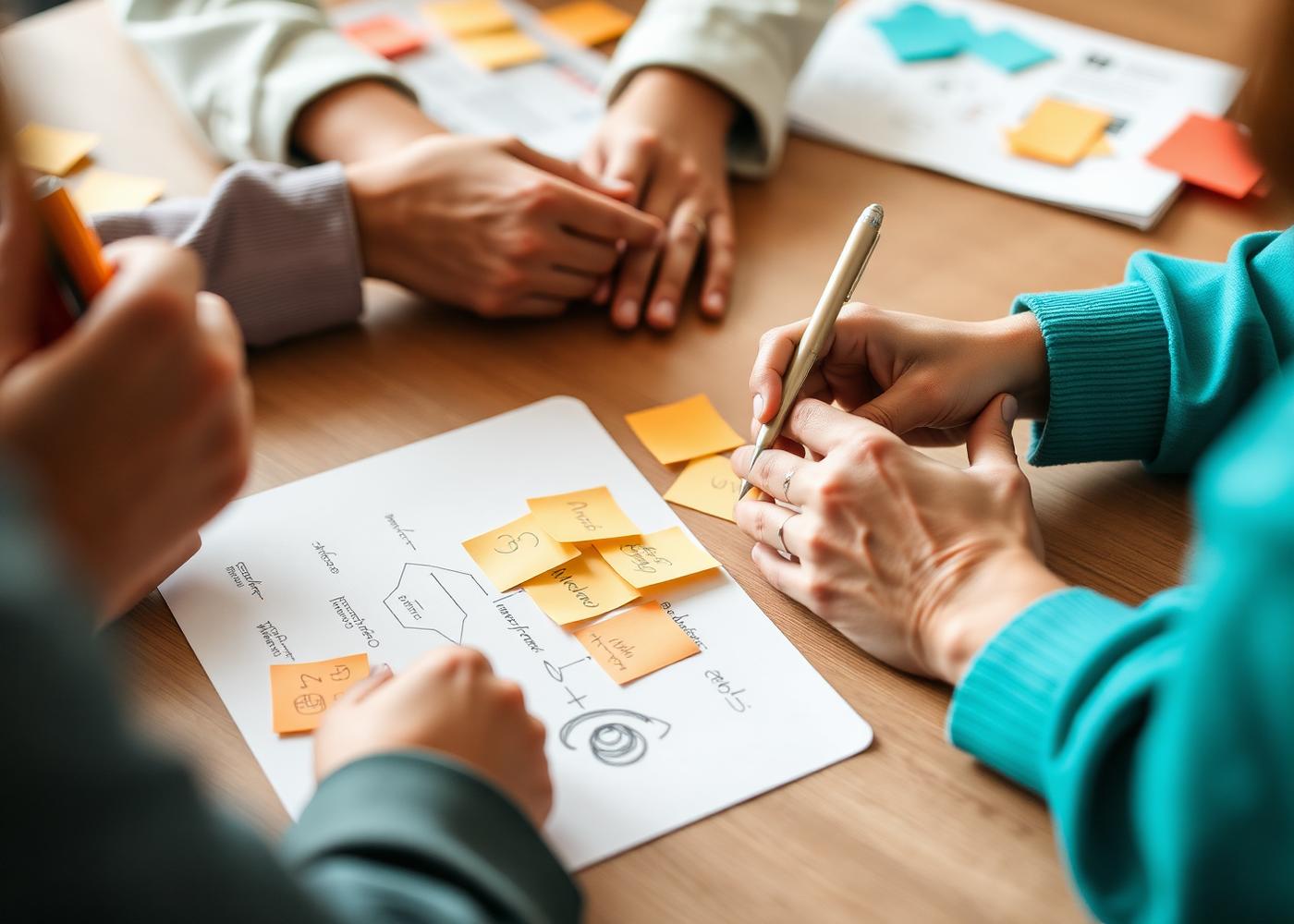 Hands sketching a plan on paper with sticky notes during a workshop